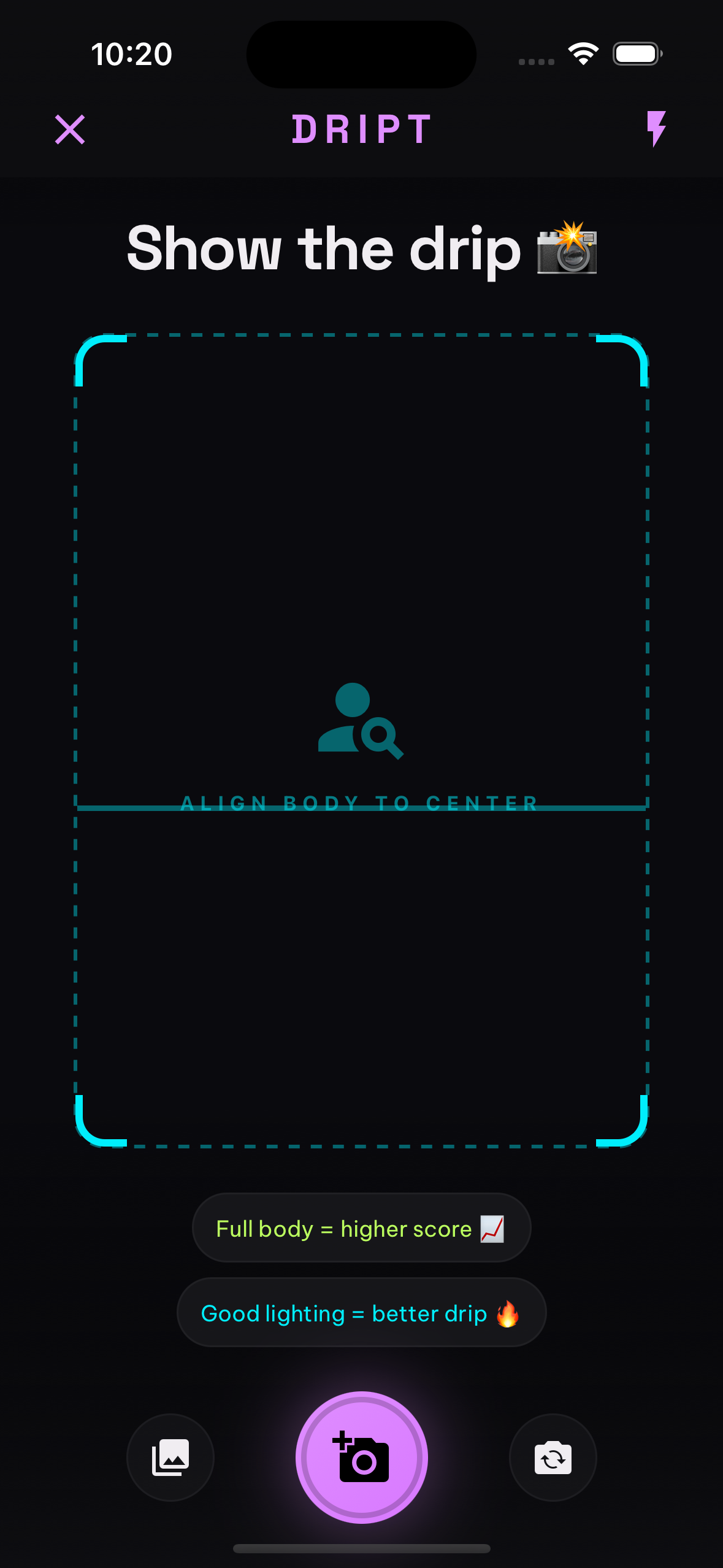 DRIPT scan screen — align body to center, full body = higher score